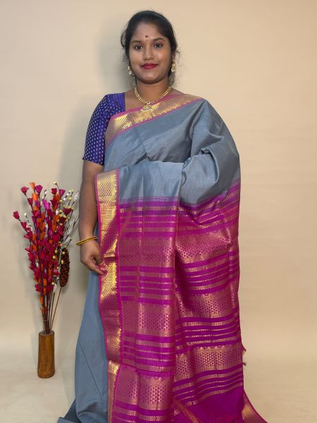 Semi Silk Cotton Vairaoosi In Grey And Vadamalli With Traditional Border