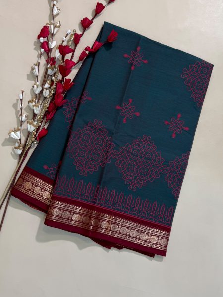 Chettinad Cotton Hand Block Prints in Dual Shaded Green And Maroon With Traditional Border