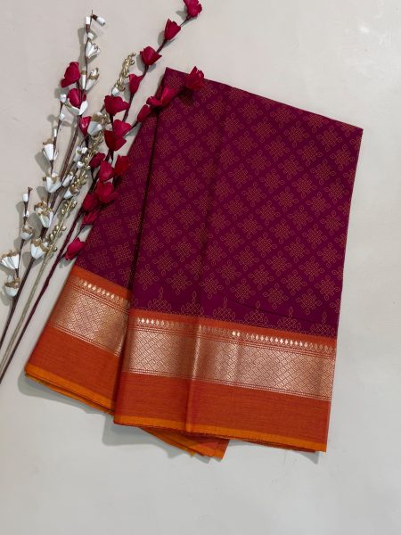 Chettinad Cotton Hand Block Prints in Maroon And Dual Shaded Orange With Traditional Border