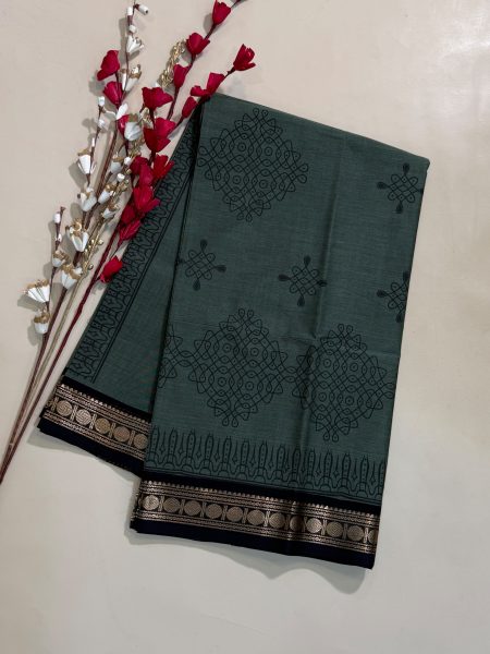 Chettinad Cotton Hand Block Prints in Dual Shaded Pastel Green And Black With Traditional Border