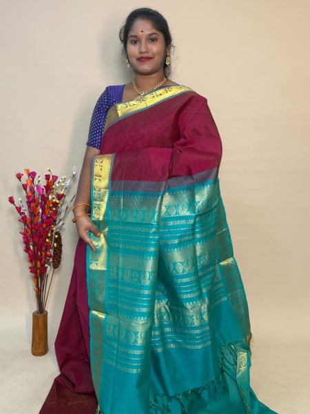 Semi Silk Cotton Vairaoosi In Wine And Teal With Traditional Border