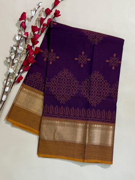 Chettinad Cotton Hand Block Prints in Dark Magentha And Dual Shaded Mustard With Traditional Border