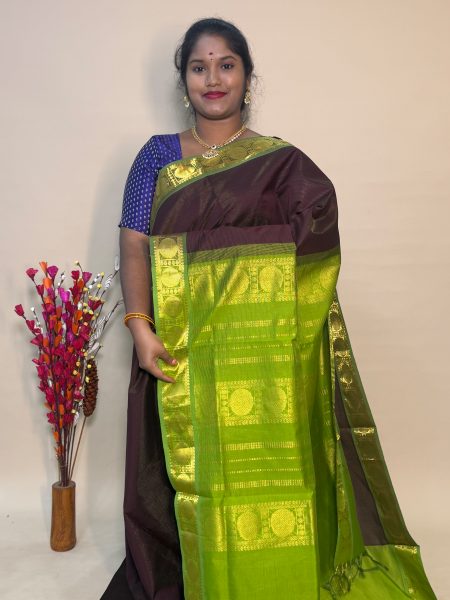 Semi Silk Cotton Vairaoosi In Coffee Brown And Olive Green With Traditional Border