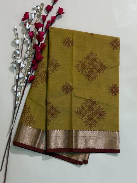 Chettinad Cotton Hand Block Prints in Beige And dual Shaded Maroon With Traditional Border