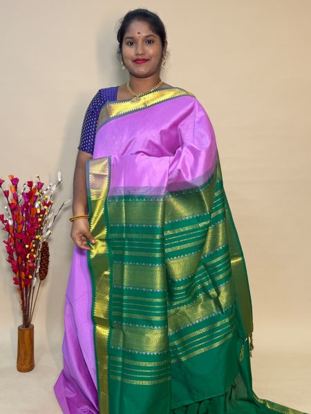 Semi Silk Cotton Plain In Lilac And Green With Traditional Border