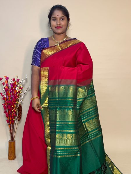 Semi Silk Cotton Plain In Red And Green With Traditional Border