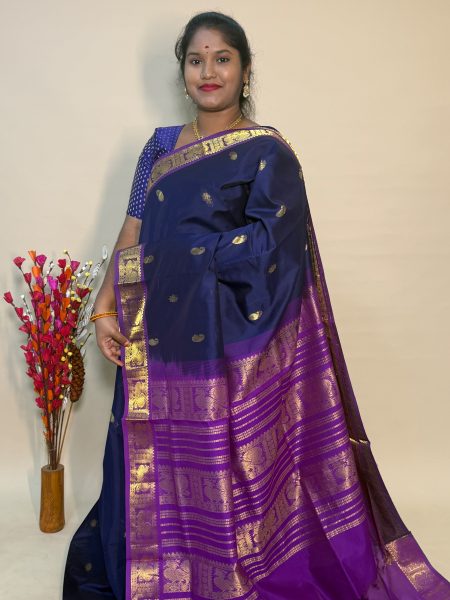 Semi Silk Cotton Buttas In Navy Blue And Magentha With Traditional Border