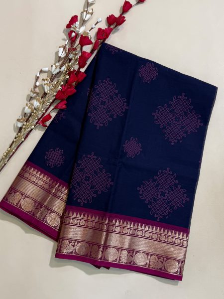 Chettinad Cotton Hand Block Prints in Navy Blue And Magentha With Traditional Border