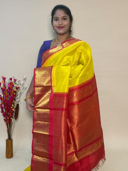 Silk Cotton Korvai Kattam in Lemon Yellow And Red With Traditional Border