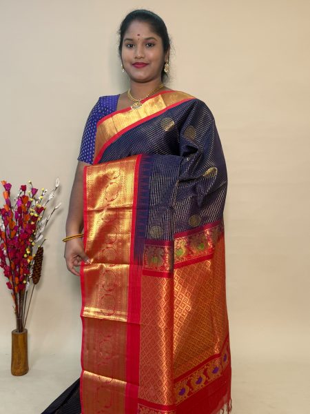 Vintage Korvai Silk Cotton In Navy Blue And Red With Traditional Border