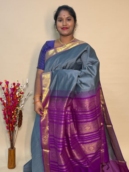 Semi Silk Cotton Plain In Grey And Vadamalli With Traditional Border