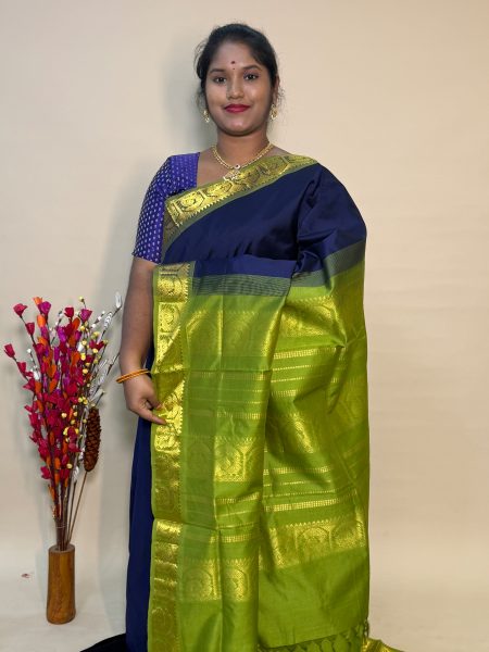 Semi Silk Cotton Plain In Navy Blue And Olive Green With Traditional Border