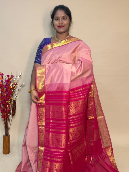 Semi Silk Cotton Plain In Pastel Pink And Pink With Traditional Border