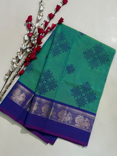 Chettinad Cotton Hand Block Prints in Teal And Dual Shaded Magentha With Traditional Border