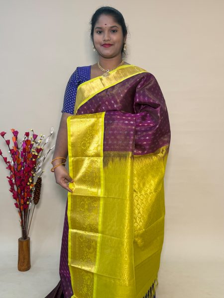 Vintage Korvai Silk Cotton In Wine And Lemon Yellow With Traditional Border
