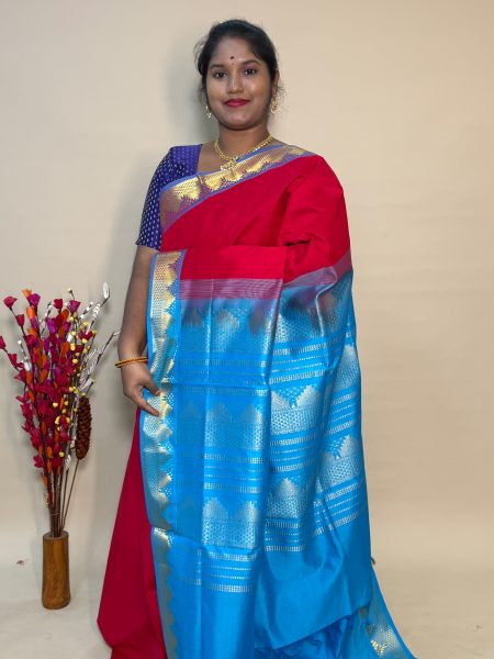 Semi Silk Cotton Plain In Red And CS Blue With Traditional Border