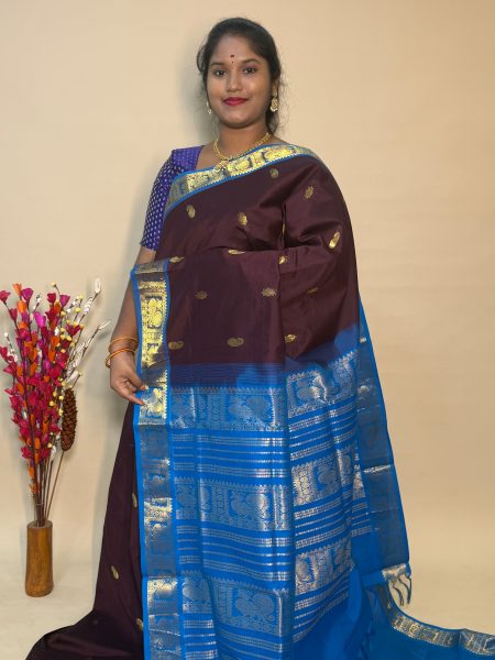 Semi Silk Cotton Buttas In Brown And CS Blue With Traditional Border