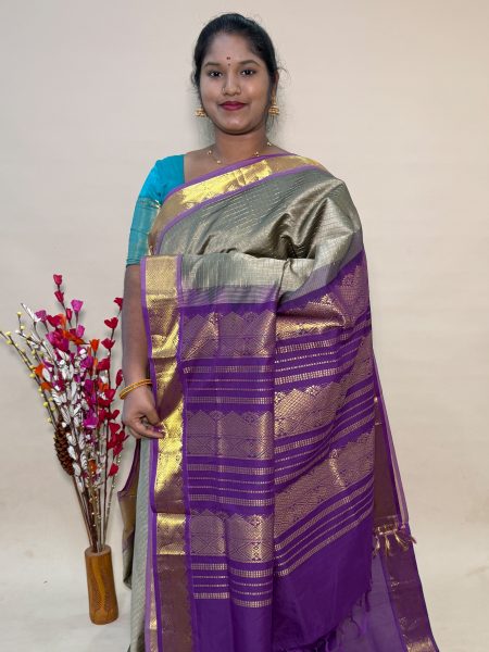 Semi Silk Cotton Kattam In Mushroom Grey And Dark Magentha With Traditional Border