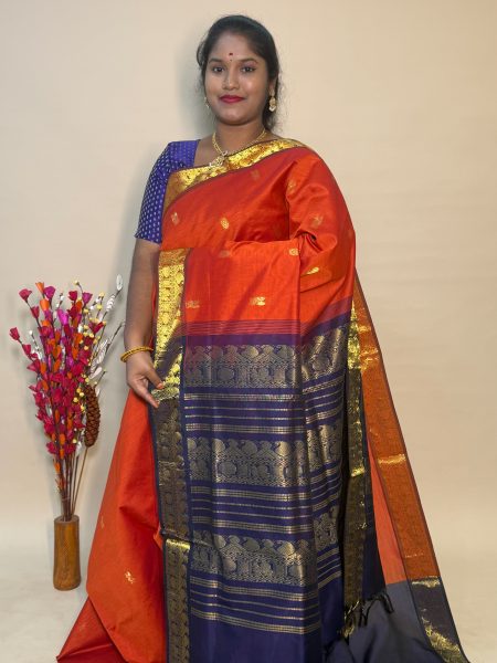 Semi Silk Cotton Buttas In Rust And Navy Blue With Traditional Border