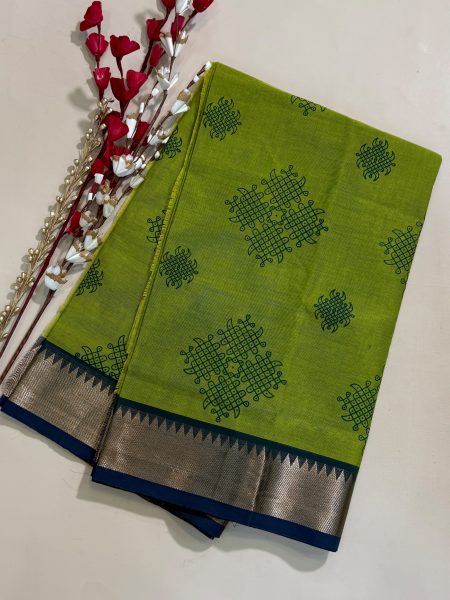 Chettinad Cotton Hand Block Prints in Parrot Green And Anandha Blue With Traditional Border