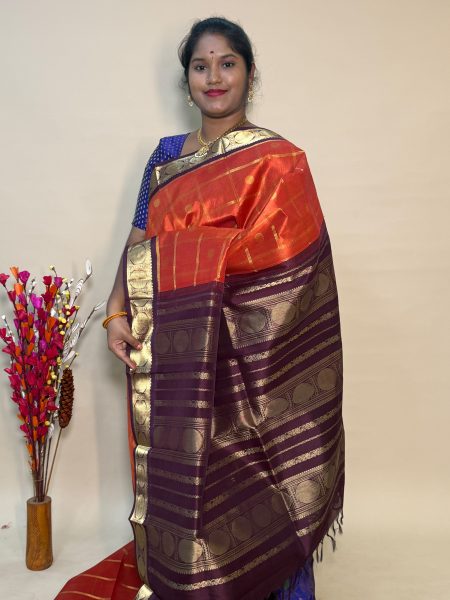 Silk Cotton Korvai Banarasi Checked in Rust And Brown With Traditional Border