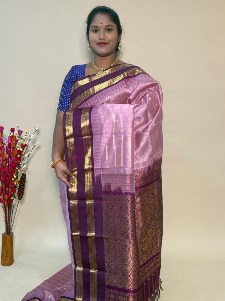 Vintage Korvai Silk Cotton In Onion Pink And Wine With Rettapet Border