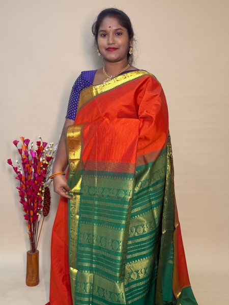Semi Silk Cotton Vairaoosi In Rust Orange And Green With Traditional Border