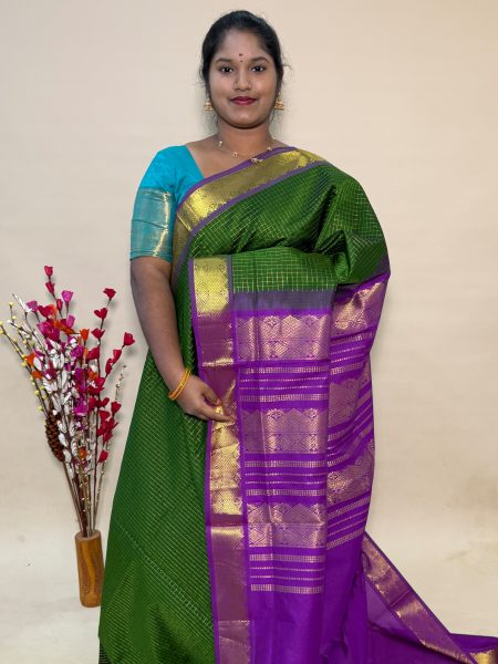 Semi Silk Cotton Kattam In Olive Green And Magentha With Traditional Border