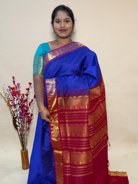 Semi Silk Cotton Kattam In MS Blue And Maroon With Traditional Border