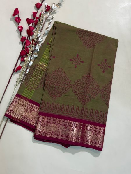 Chettinad Cotton Hand Block Prints in Mandhulir Green And Maroon With Traditional Border