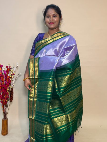 Silk Cotton Korvai Buttas In Lilac And Green With Traditional Border