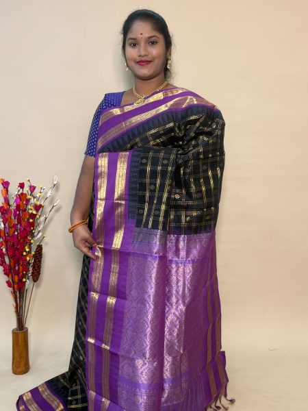 Vintage Korvai Silk Cotton In Black And Lavender With Traditional Border