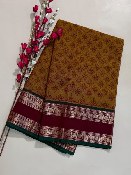Chettinad Cotton Hand Block Prints in Dual Shaded Mustard And Maroon With Traditional Border