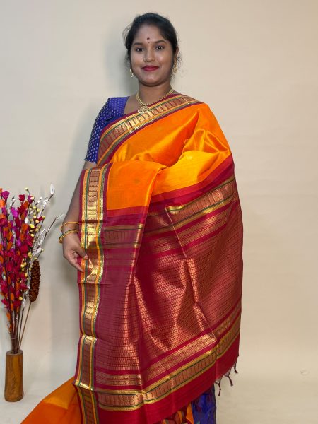 Silk Cotton Korvai Buttas In Sunset Orange And Maroon With Traditional Border