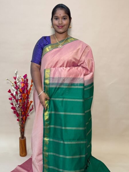Simple Semi Silk Cotton Saree In Baby Pink And Green With Traditional Small Border