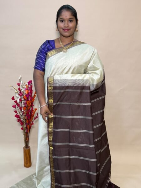 Simple Semi Silk Cotton Saree In Tussar And Brown With Traditional Small Border