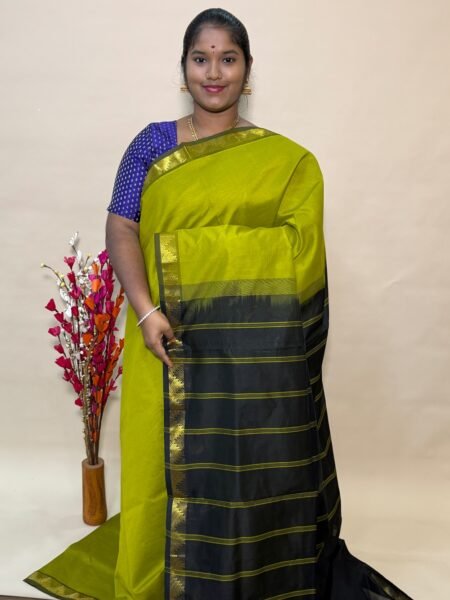 Simple Semi Silk Cotton Saree In Lime Green And Black With Traditional Small Border