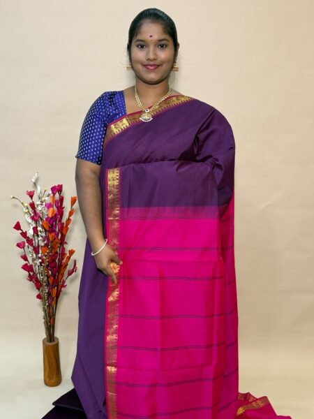 Simple Semi Silk Cotton Saree In Wine And Rani Pink With Traditional Small Border