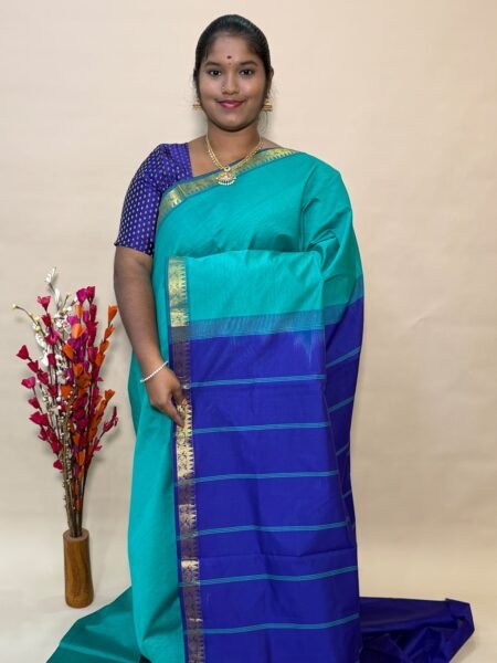Simple Semi Silk Cotton Saree In Teal Blue And Royal Blue With Traditional Small Border