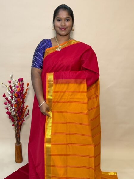 Simple Semi Silk Cotton Saree In Maroon And Mustard With Traditional Small Border