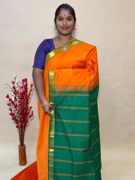 Simple Semi Silk Cotton Saree In Mango Yellow And Green With Traditional Small Border