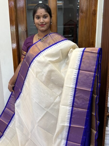 Kanchivaram Silk Saree In Half white and violet with traditional border