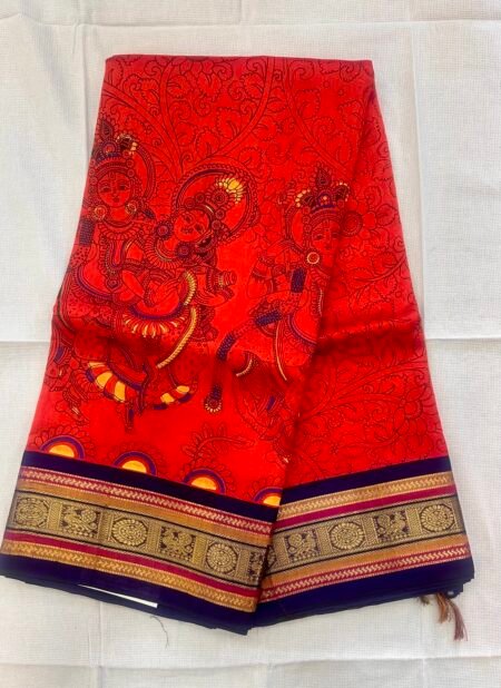 Silk Cotton Korvai Printed Saree In Rust Orange And Purple  With all over prints And Border