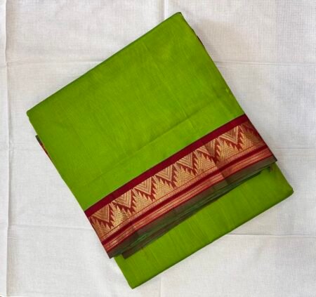 Silk Cotton Korvai Saree In Parrot Green And Maroon With Traditional Border