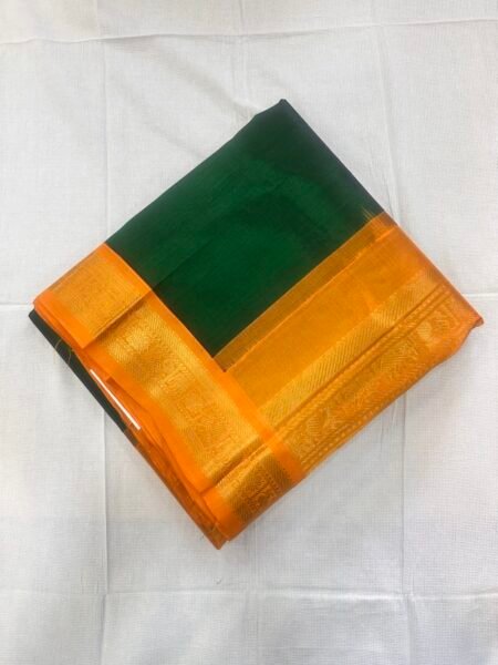 Silk Cotton Korvai Saree In Green And Mustard With Traditional Border