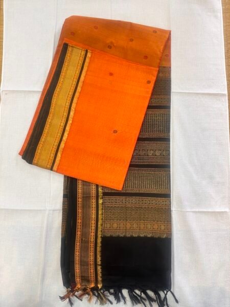 Vintage Silk Cotton Saree In Dual Shaded Mustard And Black With Traditional Buttas And Border
