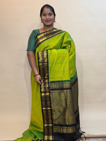 Silk Cotton Korvai Zari Kattam In Sneha Green And Black With Traditional Border