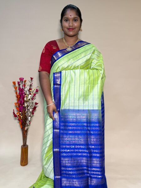 Kuppadam Silk Cotton Veldhari In Dual Shaded Pastel Green And Violet With Traditional Border