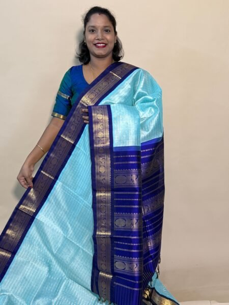 Silk Cotton Korvai Muthu Kattam In Powder Blue And Violet With Traditional Border