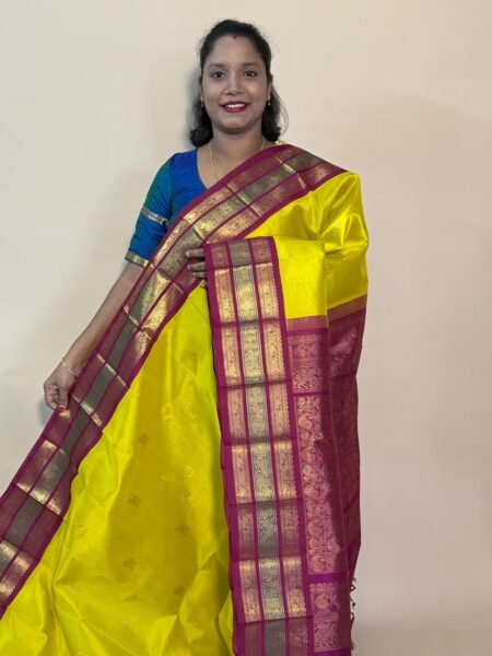 Silk Cotton Korvai Triple Tone In Yellow And Kunguma Maroon With Traditional Border